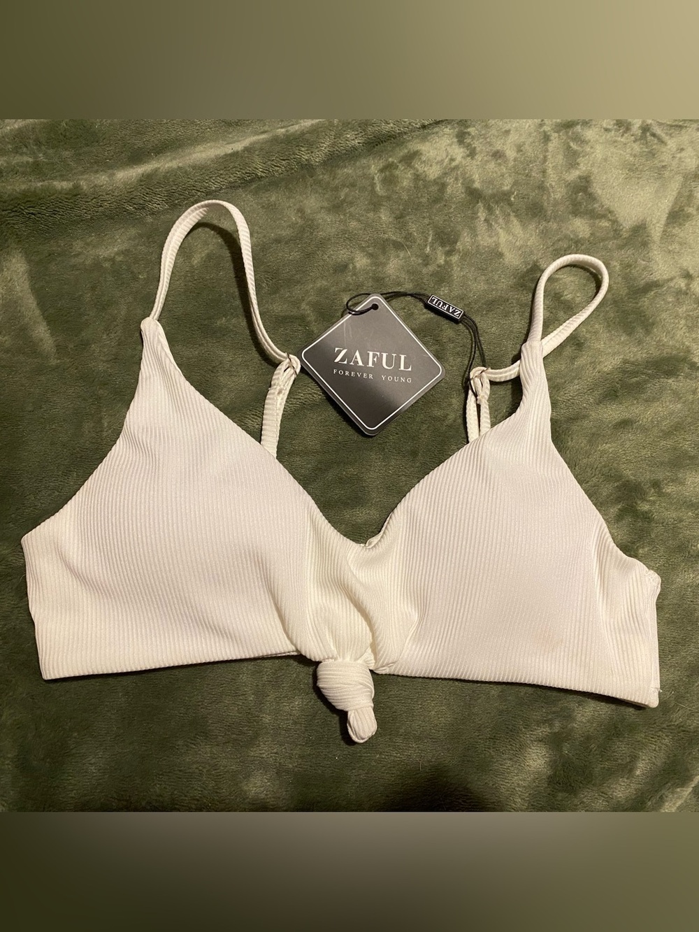 Zaful White Ribbed Knot Front Swim Top